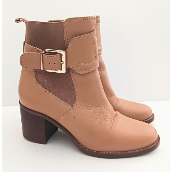 Jorge Bischoff Tan Leather Ankle Boot Gold Buckle Strap Block Heel Sz 6 - Picture 4 of 13